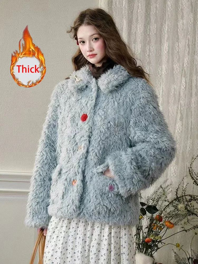 

American Vintage Faux Lamb Coat Women Sweet Thick Warm Winter Jacket Casual Colors Buttons Long Sleeve Pockets Preppy Style Tops