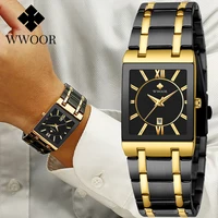 Marca WWOOR, pulsera de oro de lujo, relojes para Hombre, Reloj de pulsera de cuarzo cuadrado a la moda para Hombre, Reloj impermeable de acero inoxidable para Hombre