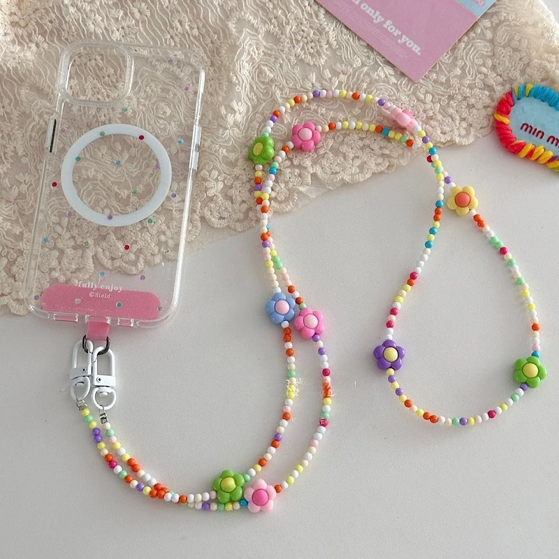 

Y2K Dopamine Crossbody Phone Strap Rainbow Flower Necklace Camera Bags Colored Beaded Chain For Universal Phone Pearl Strap