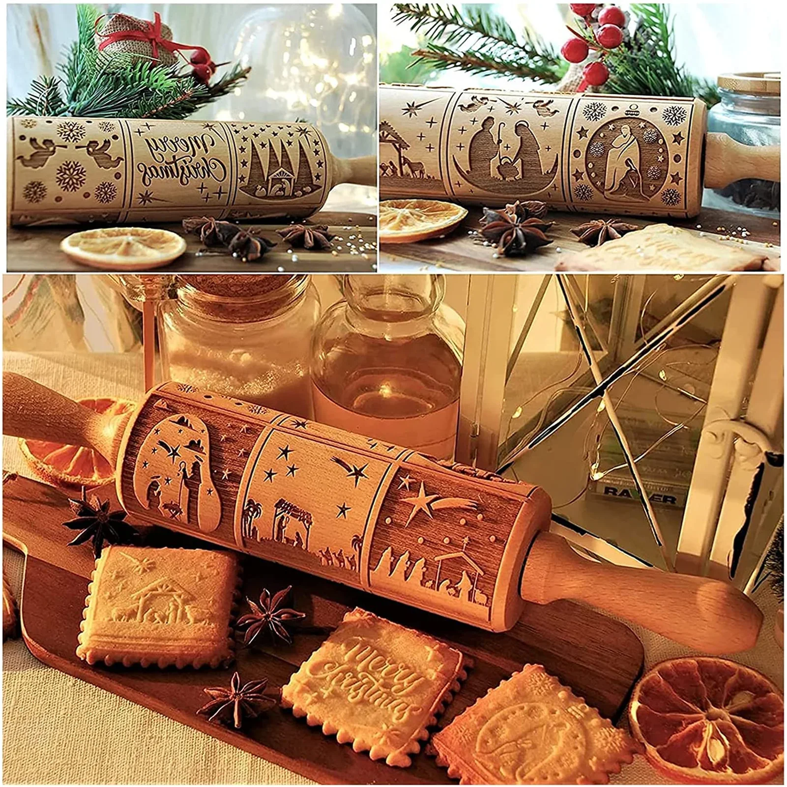 Christmas Rolling Pin with Pattern Rolling Pins Rock Snowflake Elk Embossing Baking Cooky Biscuit Fondant Cake Patterned Roller