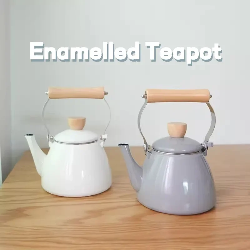 

1.4L Simple White Grey Red Flat Bottom Enamel Kettle Kitchen Household Teapot Milk Jug Outdoor Camping Water Kettle