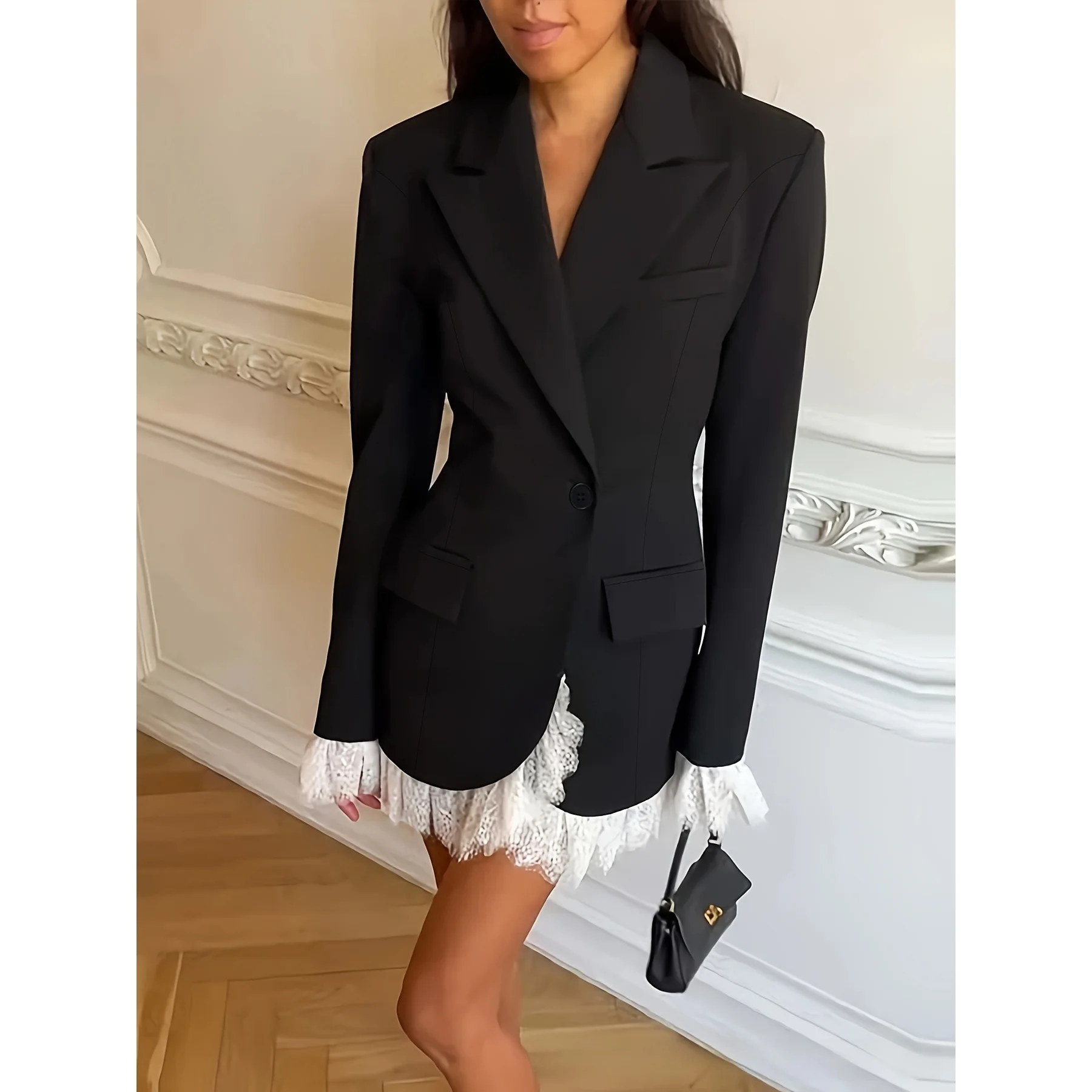 Elegant Long Sleeve Lace Patchwork Women's Suit Dress Fashionable Autumn New Arrival Cross-Border Polyester Business Dress