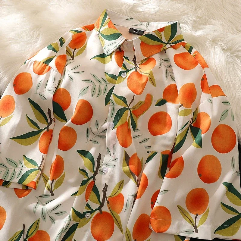 Orange Cute Fruit Peaches Full Print Shirts Loose Half Sleeve Summer Blouse Funny Hawaii Tops Oversized Mens Hip Hop Casual Coat