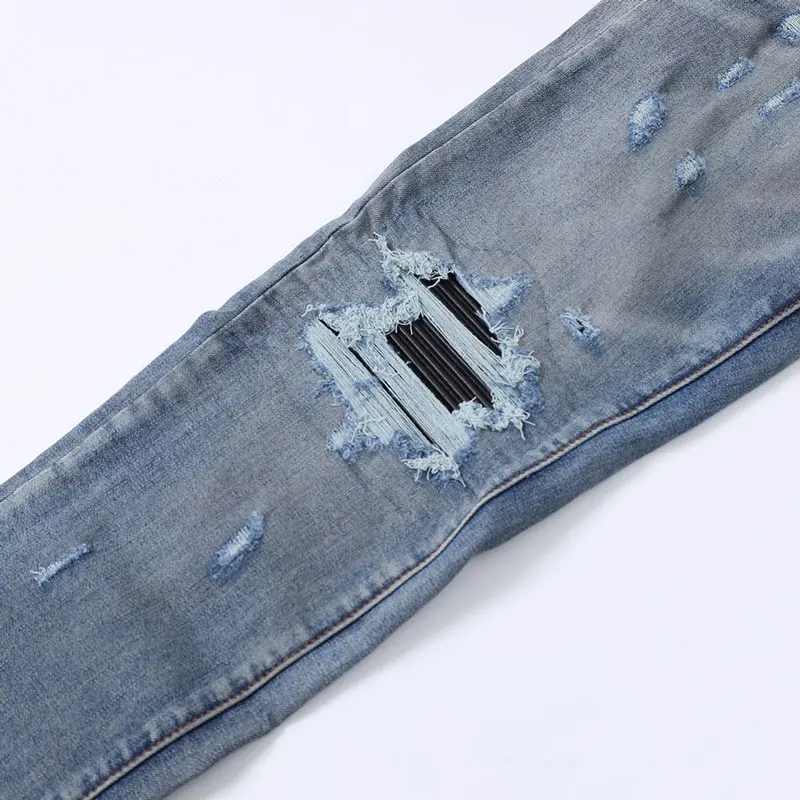 High Street Fashion Men Jeans Retro Washed Blue Stretch Slim Fit Patched Ripped Jeans Men Brand Designer Hip Hop Y2K Denim Pants