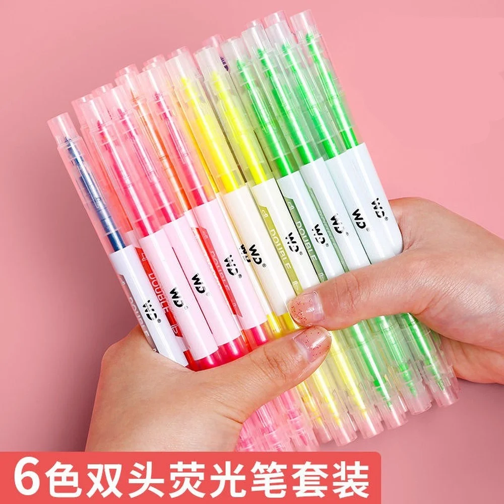 6 Colors Dual Tip Highlighter Pen Candy Juice Color Cute Highlight Kawaii Highlighters Pen Student Stationary School Supplies