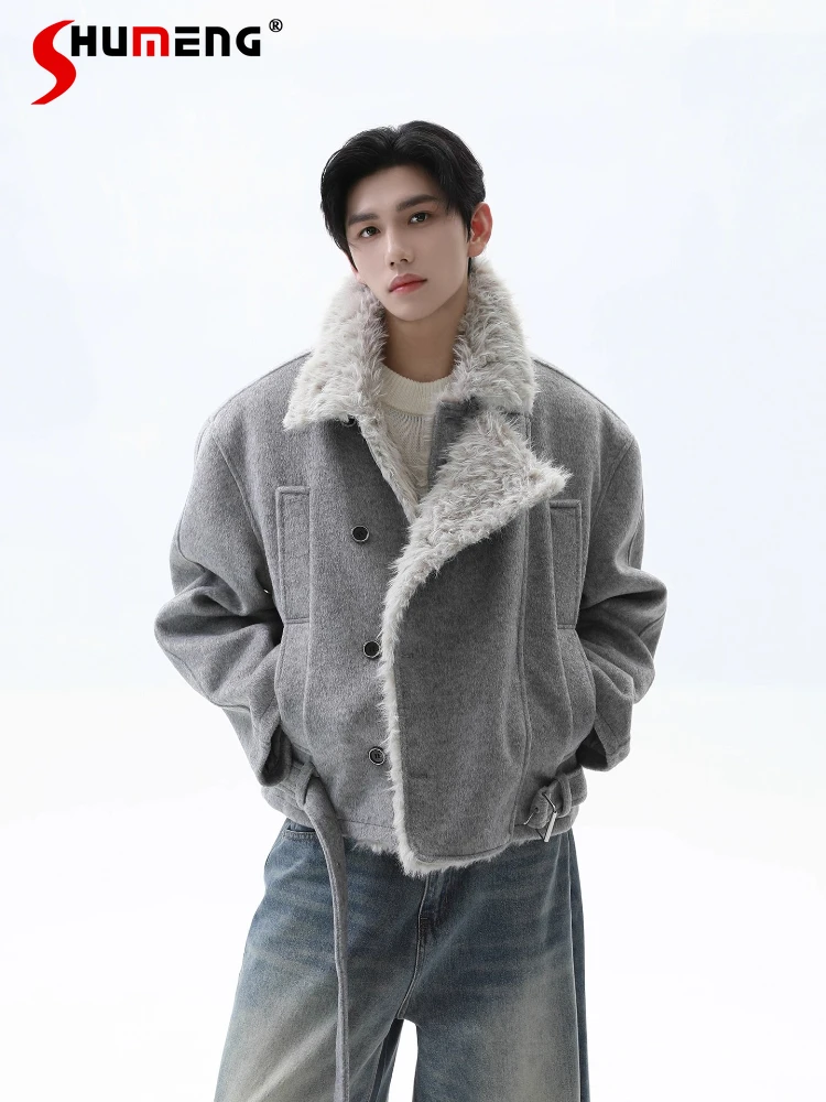 

Мужские утепленные пальто в американском стиле, зима 2025, ретро, утепленные теплые пальто, однотонная куртка с карманами, украшение из искусственного меха, твидовая куртка, пальто