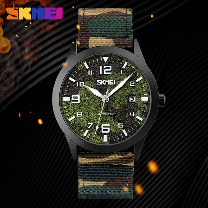 SKMEI Men's Fully Automatic Cloth Strap Mechanical Watch, Skeleton Transparent Back Waterproof Mechanical Watch
