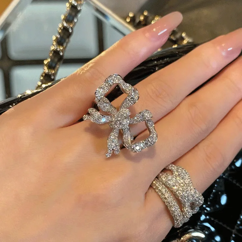 925 Sterling Silver Japanese And Korean High-End Fashion Bow Full Diamond Women'S Ring Light Luxury Exquisite Versatile Jewelry