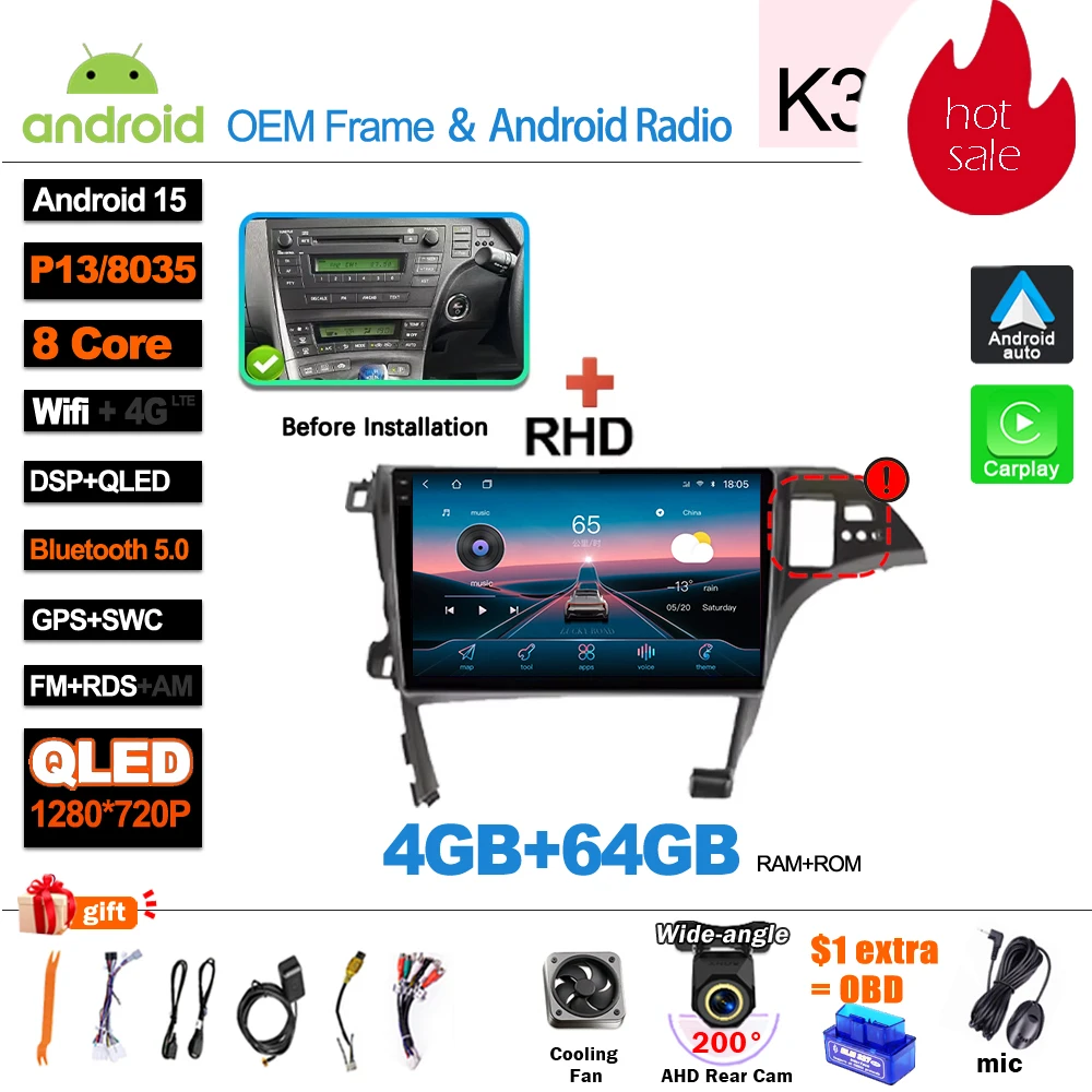 Android 16 autoradio, videomedia-speler, Carplay, GPS-navigatie voor Toyota Prius XW30 2009-2015