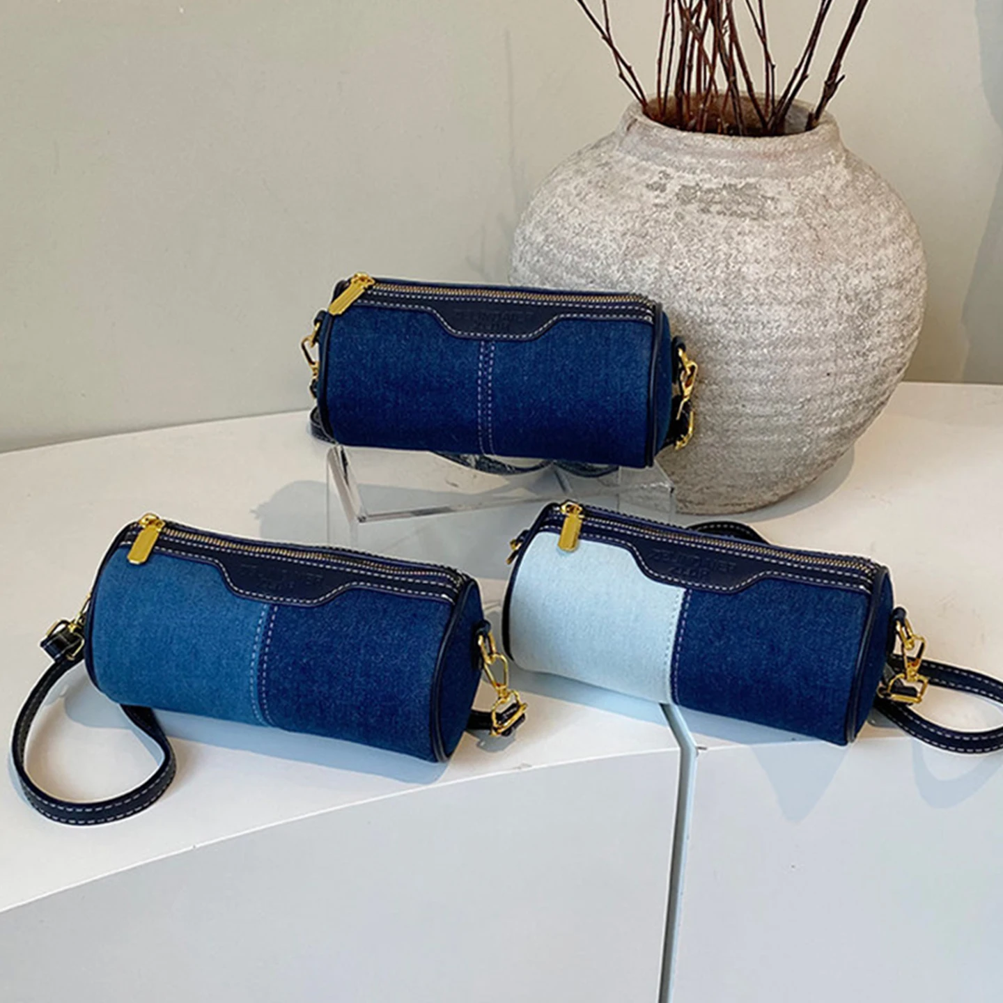 Retro Contrast Color Denim Cylinder Bag Splicing Design Daily Single Shoulder Crossbody Bags Women Commuter Small Handbags