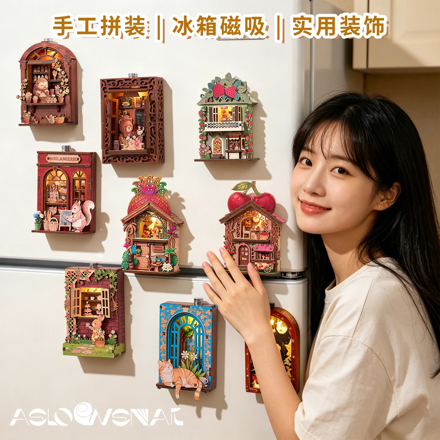 Fridge Magnet DIY Book Nook Kit 3D Puzzle Toy Dollhouse Shop Animal Mini House Furniture Creative Assembly Model Decoration