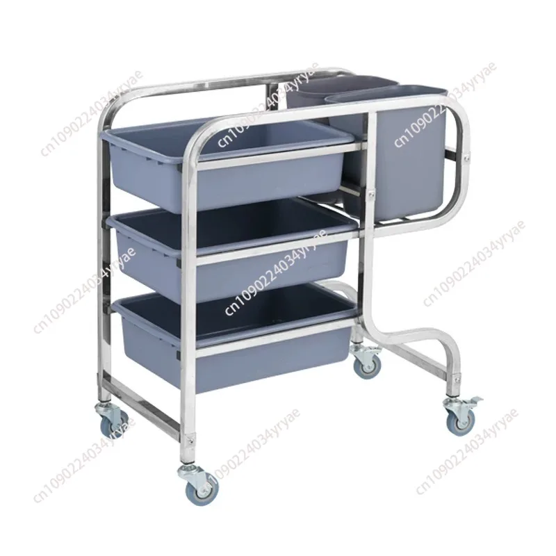 Three Shelf Restaurant Hotel Tableware Collection Cart Bucket Stainless Steel Plate Bowl Cleaning Cart