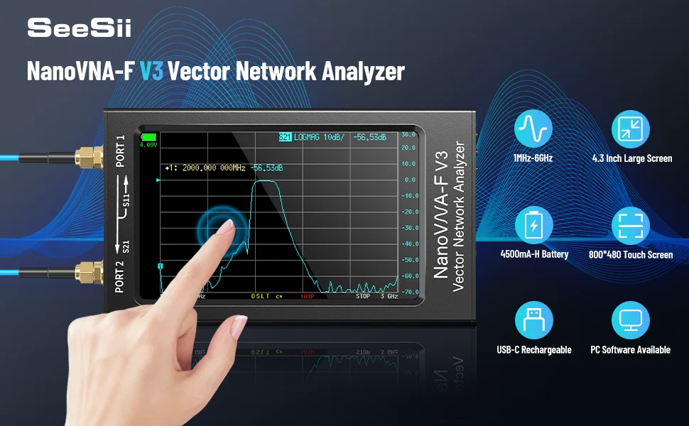 Analyseur D'antenne NanoVNA-F V2 - 50KHz à 3GHz, écran 4.3", Pour Radioamateurs