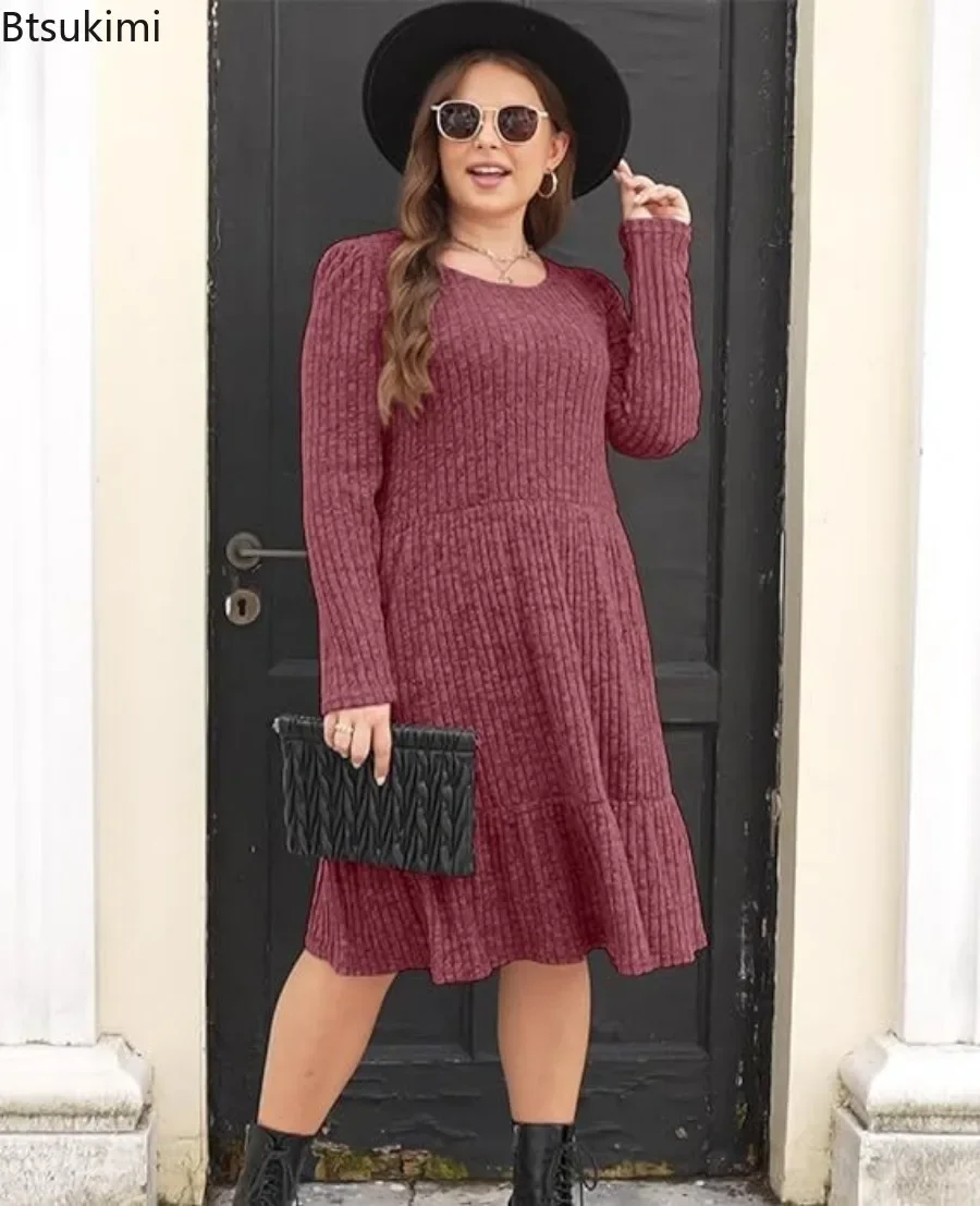 New 2024 Women\'s Knitted Long Sleeve Dress Solid Autumn Winter Round Neck Club Party Dresses for Women Casual Loose Dress Robe