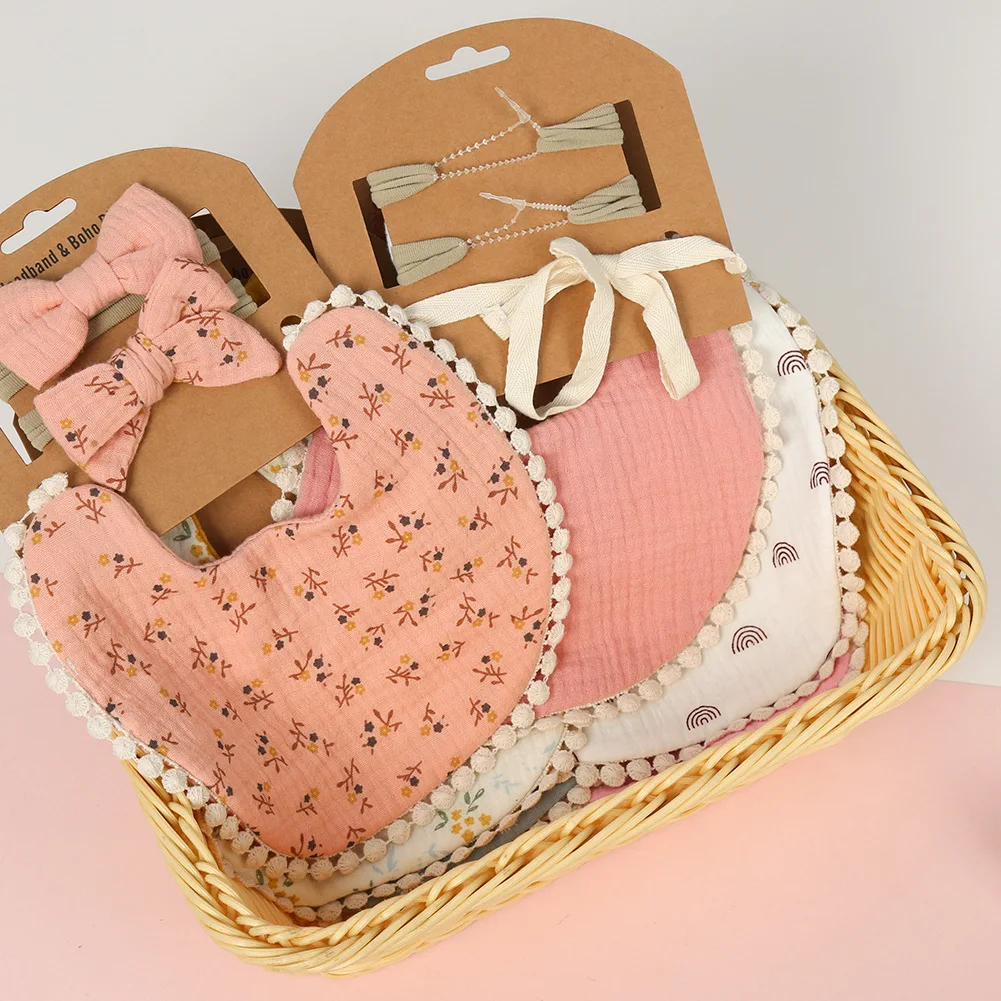 Baby Muslin Bib & Headband Set  Cotton with Pom-Pom Trim & Matching Bow Headband, 9 Floral Patterns for Newborns