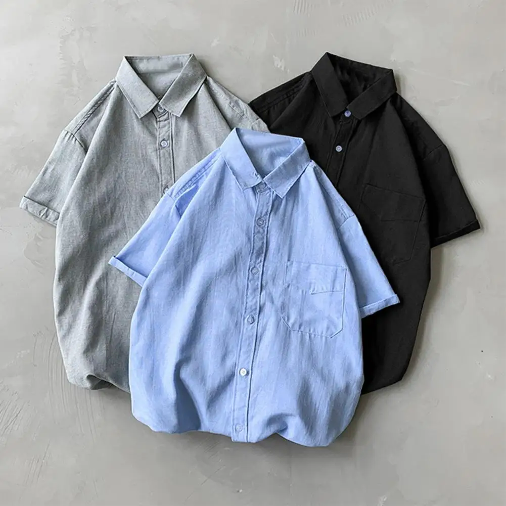 Korean Style Lapel Short Sleeve Men Shirt Patch Pocket Single Breasted Summer Casual Solid Color Work Shirt Streetwear