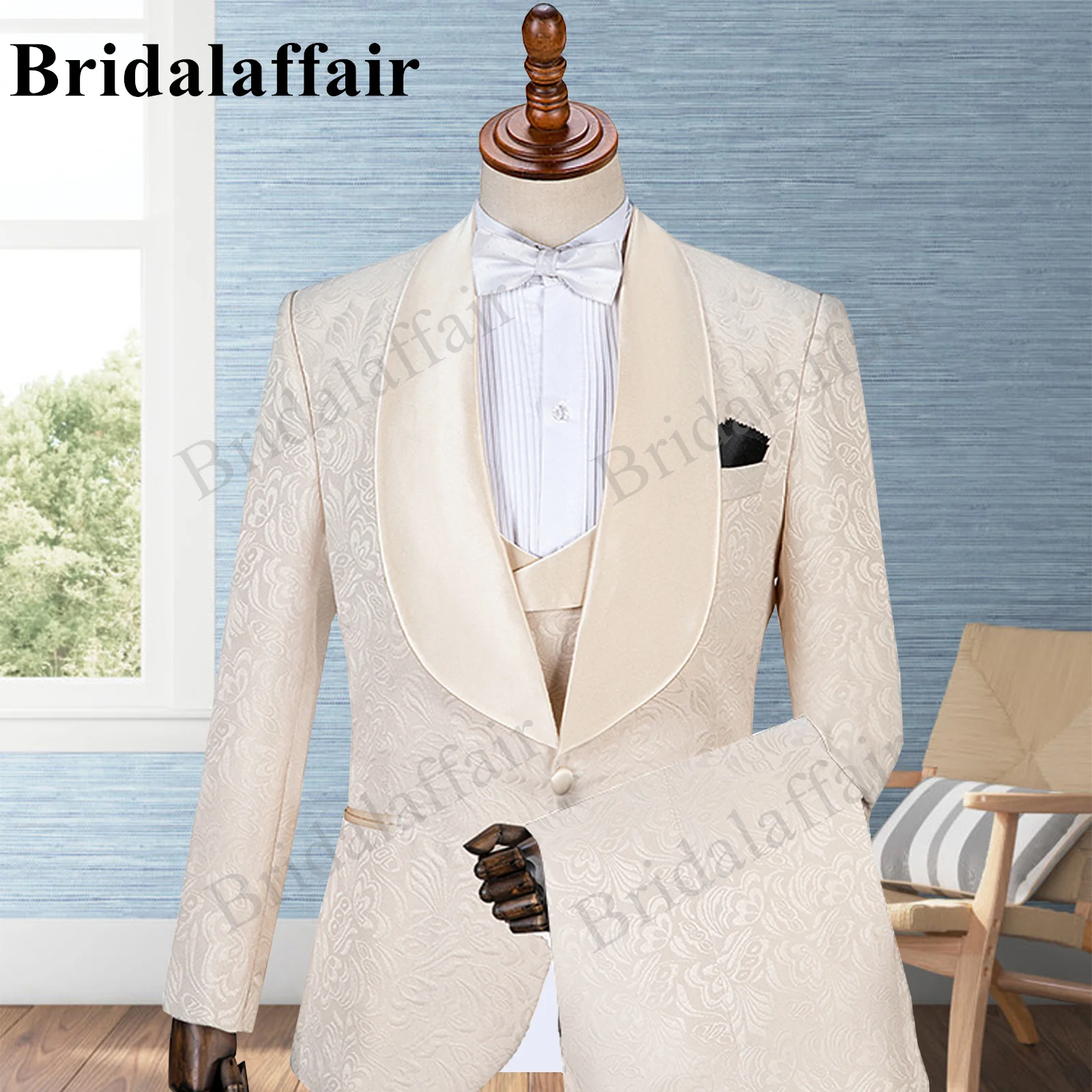 

Bridalaffair Men Suit Champagne Jacquard Tailor-Made 2 Pieces Single Breasted Blazer Pants Fashion Work Wear Formal Causal Daily