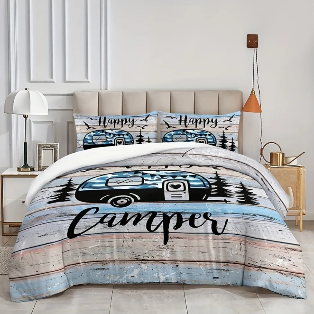 3pcs Blue Happy Camping Winnebago 3D Printed Bedding Set Cozy Duvet Cover King Queen Twin Size Birthday Gift Bedroom Decoration