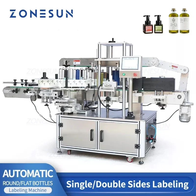 ZONESUN ZS-TB990 Automatic Double Side Labeling Machine Industrial Round Square Bottle Jar Sticker Labeler Production Line