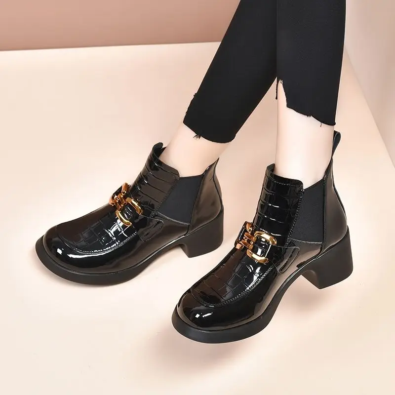 FHANCHU 2023 New Chelsea Ankle Boots,High Heeled Botas,Round Toe Patent Leather Autumn/Winter Shoes,Size 35-40,Black,Dropship