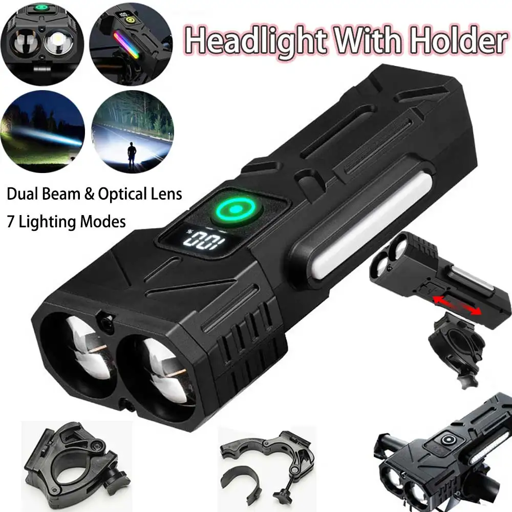 Dual Optical Lenses Bicycle Headlight, Power Display 1000LM Portable 7 Modes Cycling Flashlight, Quick Release Bicycle Headlight