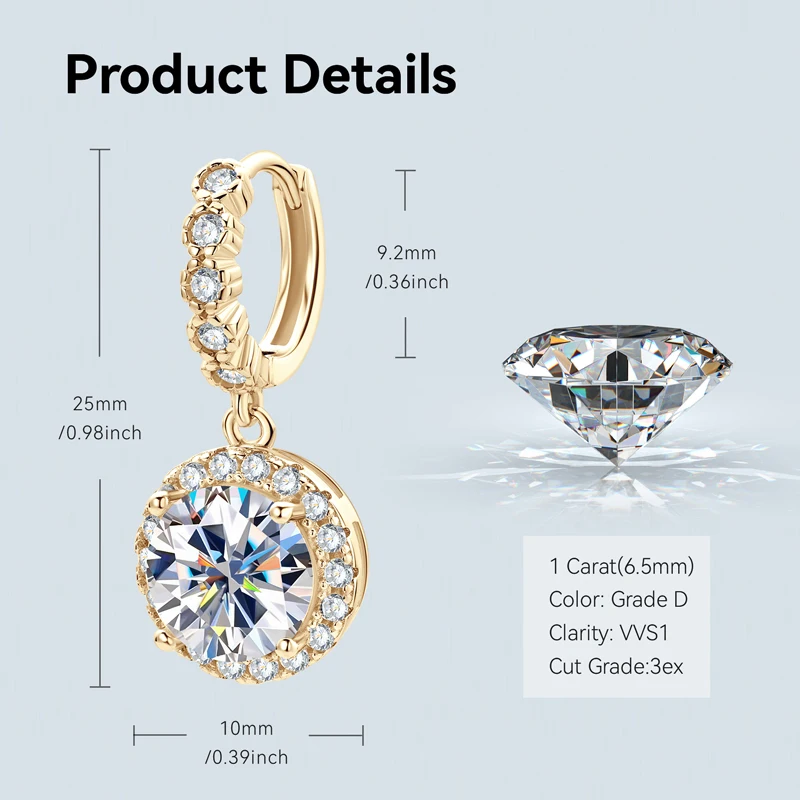 Yellow Gold Plated D Moissanite 1ct 2ct 3ct Huggie Earrings for Women Silver 925 Sterling Moissanite Hoop Drop Dangle Earrings