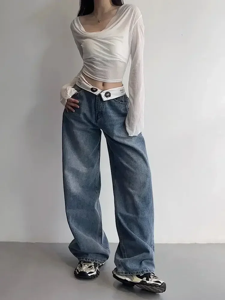HOUZHOU Vintage Y2k Jeans damskie workowate Kpop Gyaru Streetwear szeroki niebieski spodnie dżinsowe Harajuku koreańskie Acubi modne dżinsy z wysokim stanem