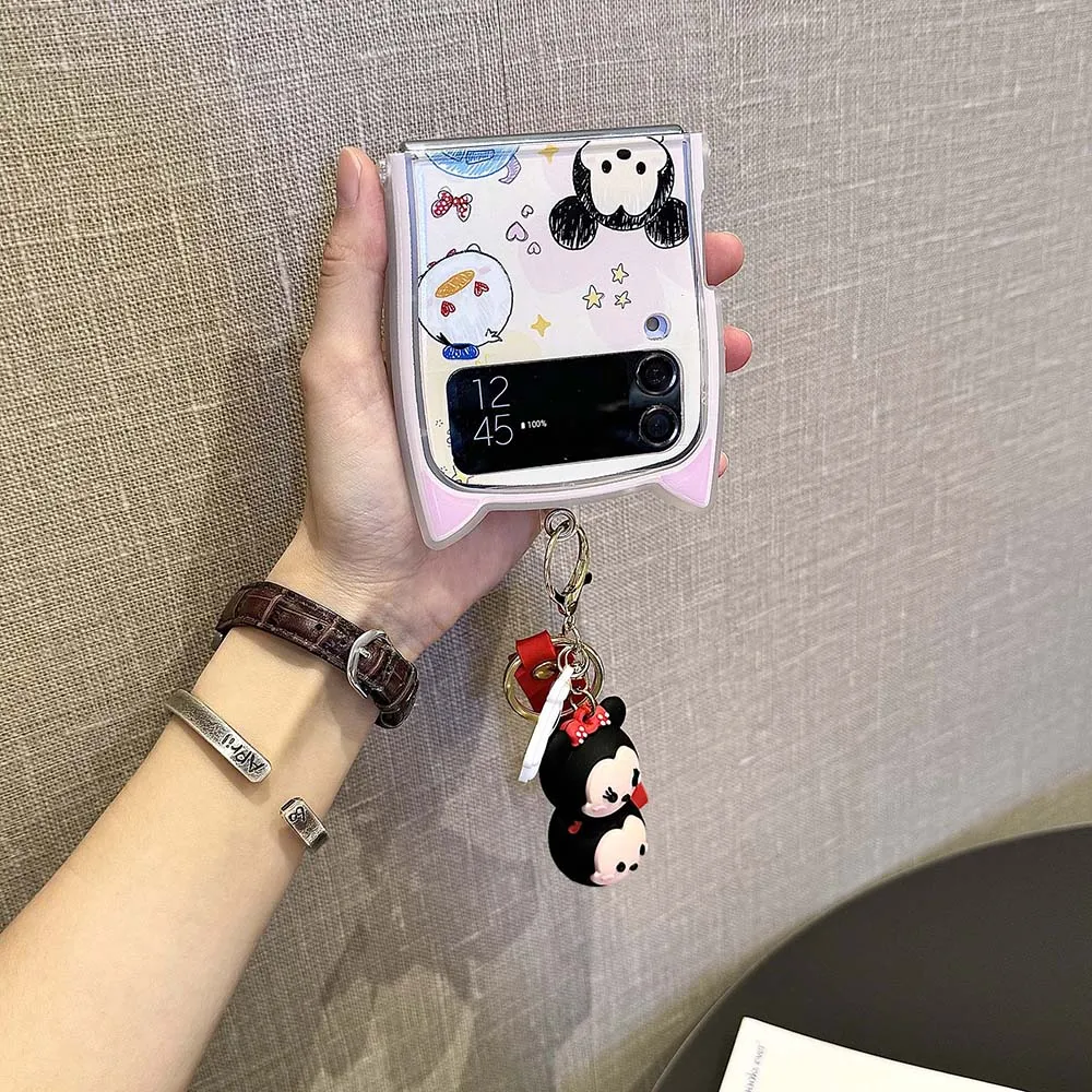 Cute Mickey Winnie the Pooh 3D Cat Ear With keychain Phone Case for Samsung Galaxy Z Flip 3 4 5 6 5G PC Hard Back Cover Funda