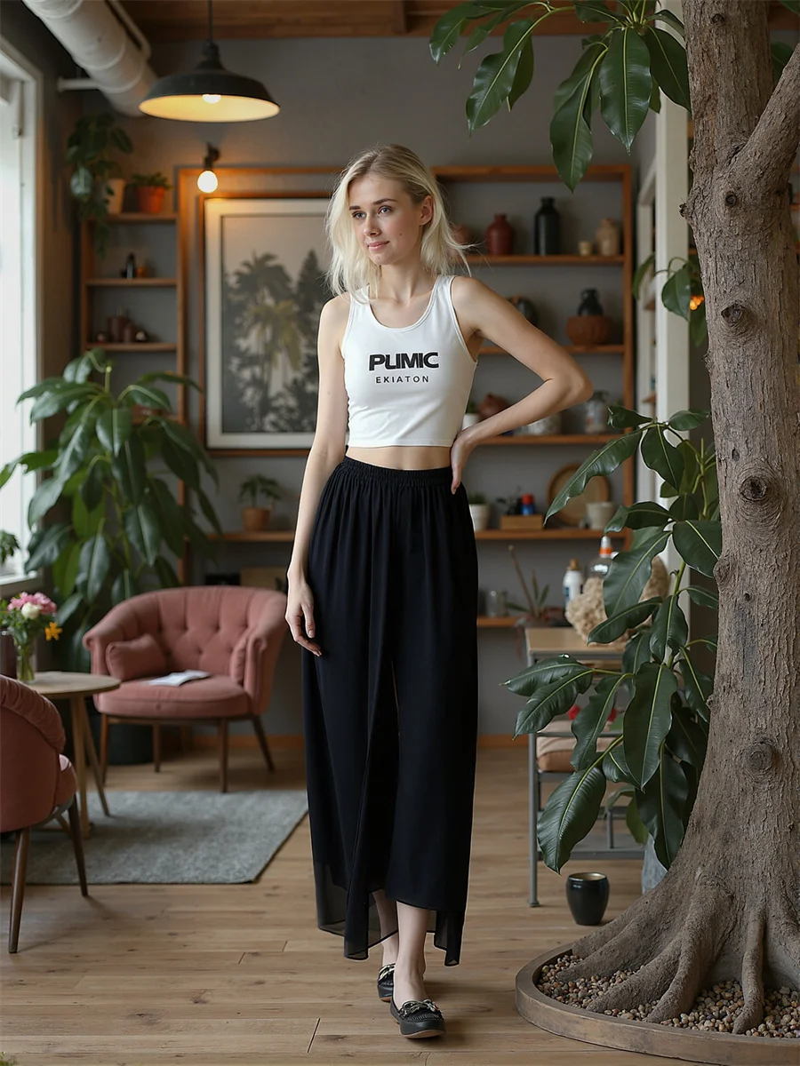 Calças de Chiffon de Perna Larga com Cintura Elástica para Mulheres, Verão, Estilo Clássico Casual com Padrão Jovem