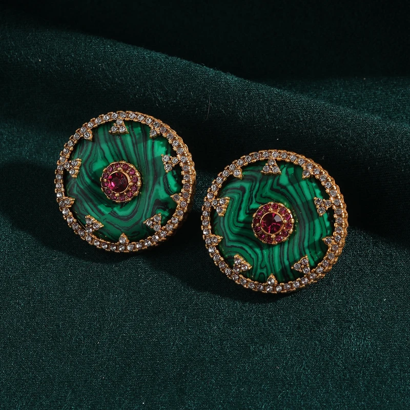 

Vintage Round Malachite Green Earrings For Woman Wedding Party Accessories Luxury Quality Gold Plated Jewelry Designer 2026 New