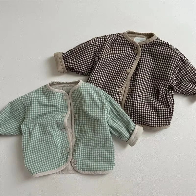 WOOFOO Autumn New Baby Reversible Coat Cotton Infant Girl Long Sleeve Plaid Cardigan Toddler Boys Casual Jacket Children Clothes