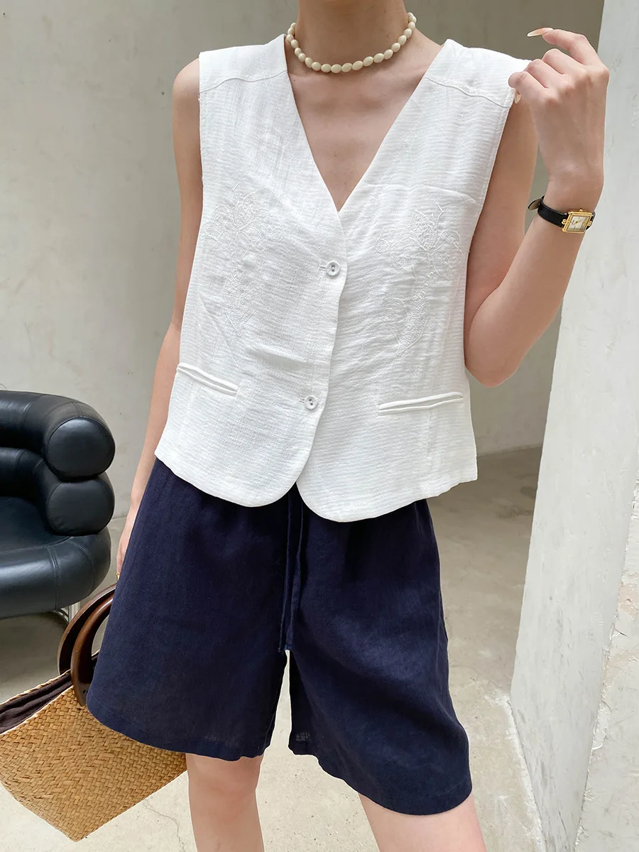 Sommerliche Damen-Weste, einfarbig, modisch, mit Stickerei, V-Ausschnitt, ärmellos, elegant – Detail 9