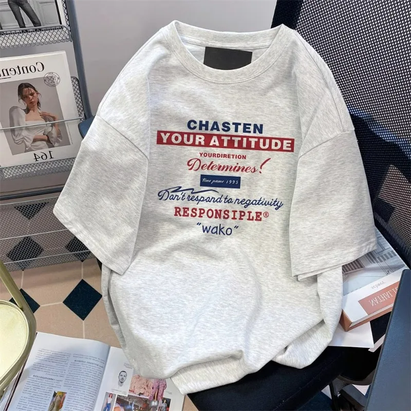 Summer New Versatile Short-sleeved Hipster Top Women's Hip-hop Red Blue Letter Printing Loose Streetwear Casual T-shirt