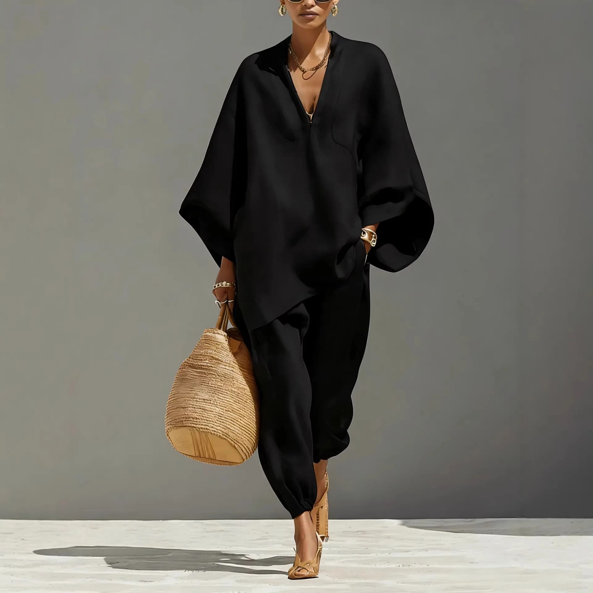 

Casual Elegant Trousers Set Fashionable Loose Cotton Linen Solid Color Bat Long-sleeved Pullover Top Wide-leg Pants 2-piece Set