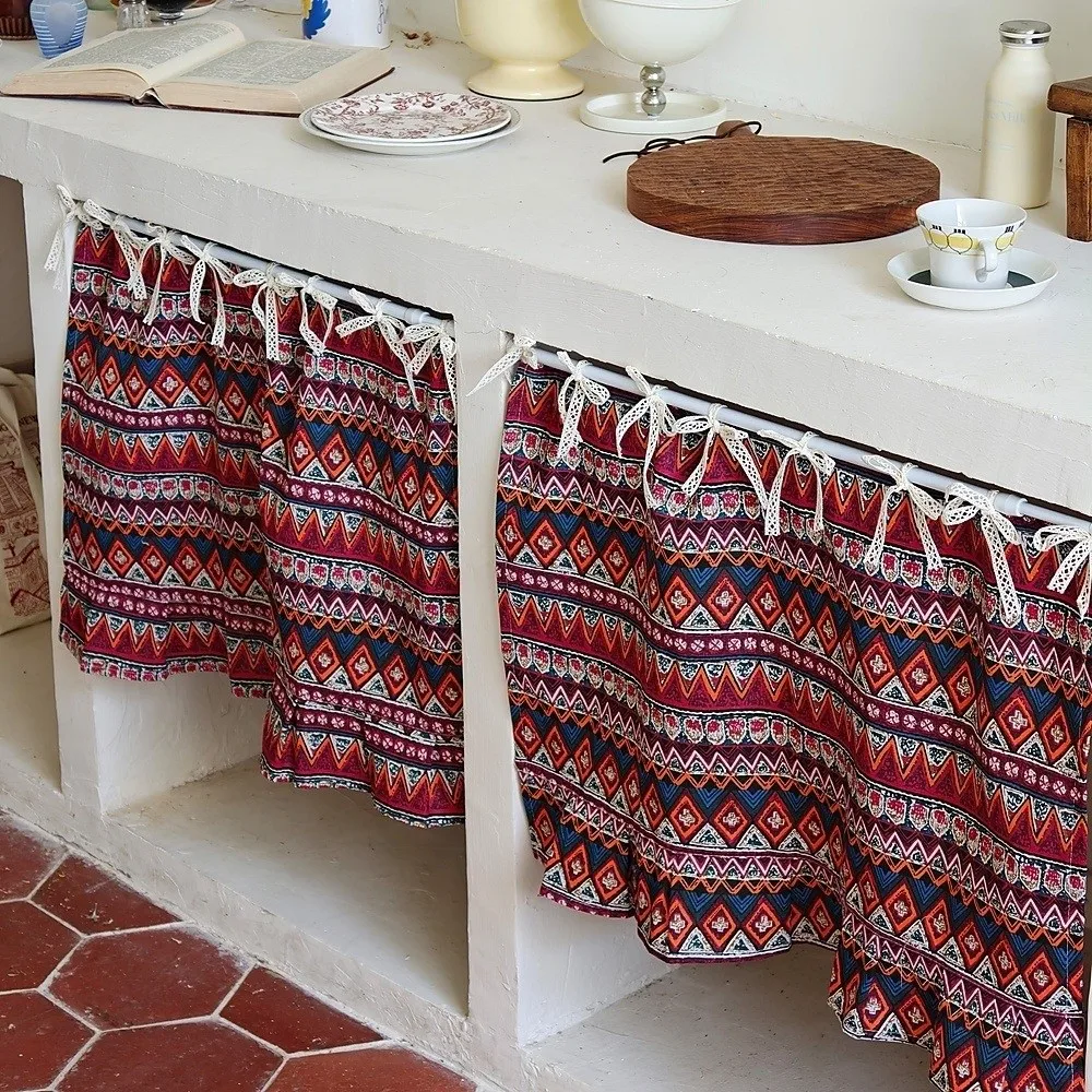 Vintage Kitchen Oven Skirt Light Blocking Dust Proof Cabinet Curtains Leaf Pattern Lace Strap Room Partition Curtain Living Room