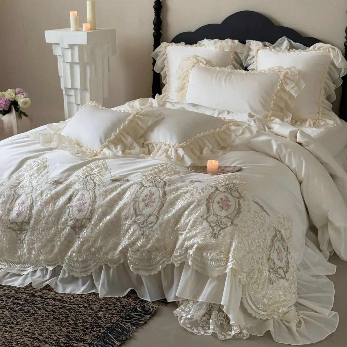Premium light luxury lace lotus leaf lace princess wind long-staple cotton four-piece set bed cover sheets are beautiful