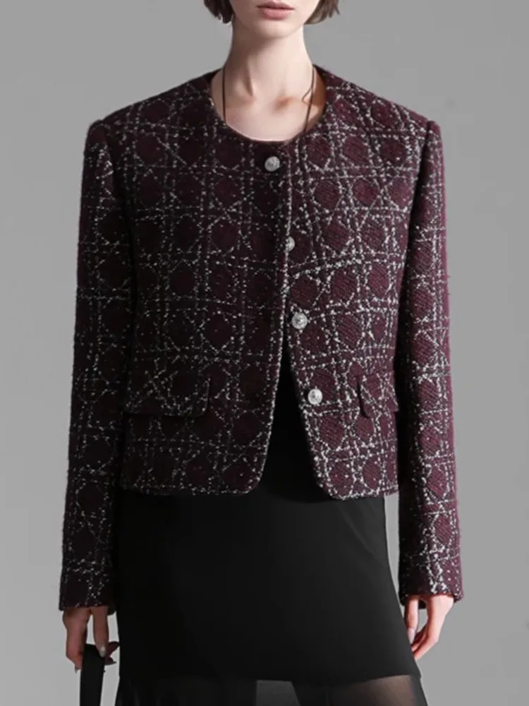 ZMEENNA Elegante marineblaue Tweed-Jacke für Damen, kurzer Mantel, ausgefranste Besatzknöpfe, lange Ärmel, Rundhalsausschnitt, Oberbekleidung ZM4340