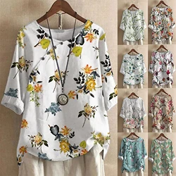 2024 summer vintage cotton and linen fashion print loose casual shirt short sleeve T-shirt woman