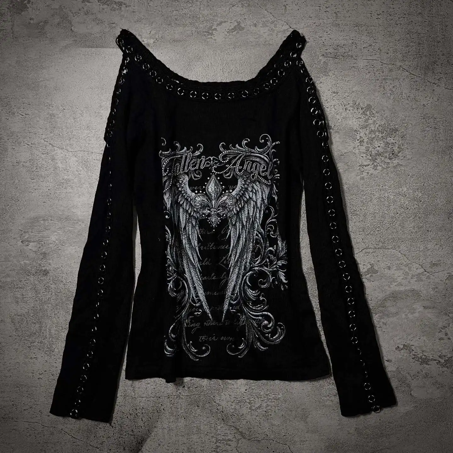 2026 Dark Gothic Women Fallen Angel Rhinestone Long Sleeve T-Shirt Off Shoulder Cross Strap Loose Blouse Alt Street Fashion Top
