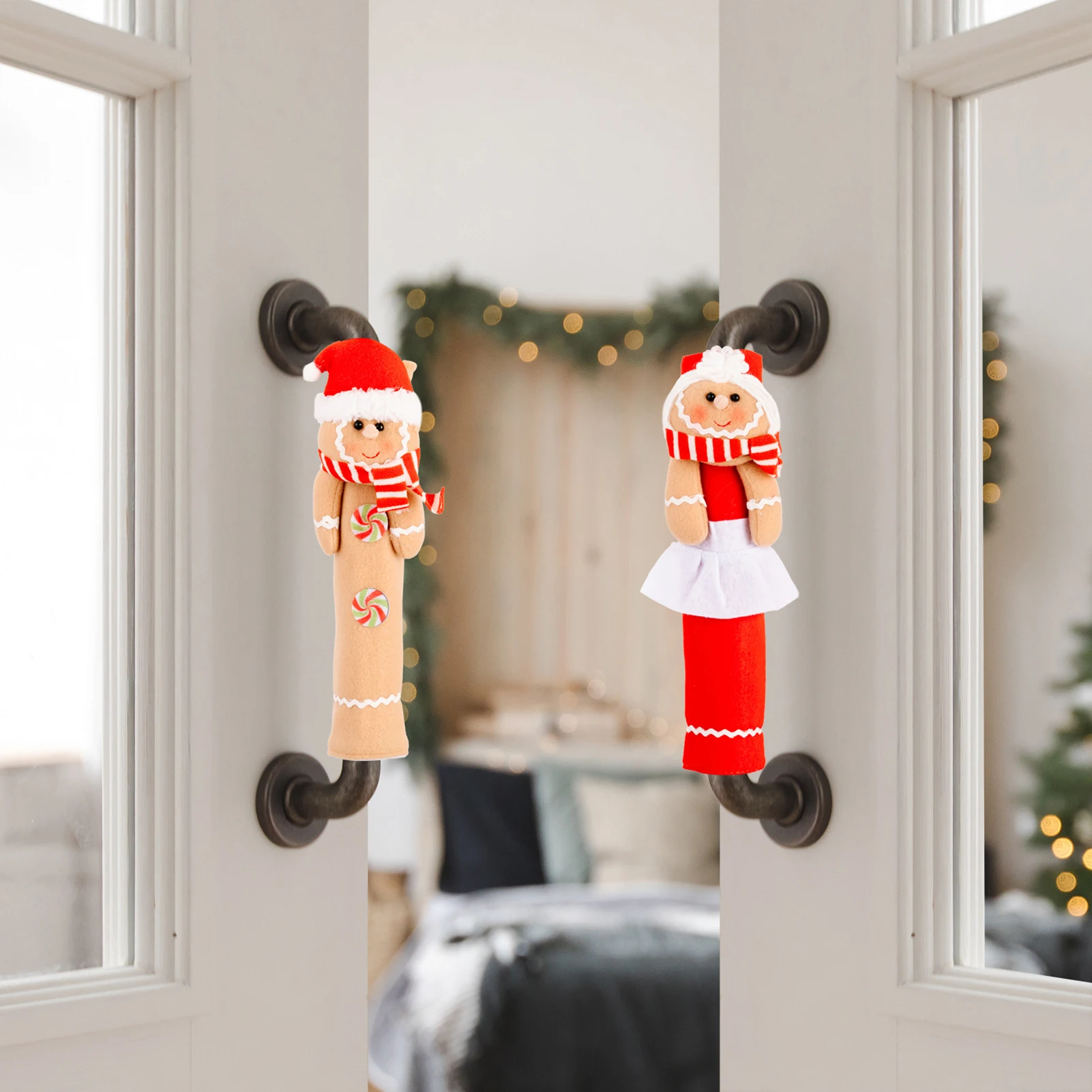 2 Pairs Refrigerator Handle Covers Fabric Gingerbread Man Protective Sleeves for Christmas Kitchen Decor Anti-Scratch
