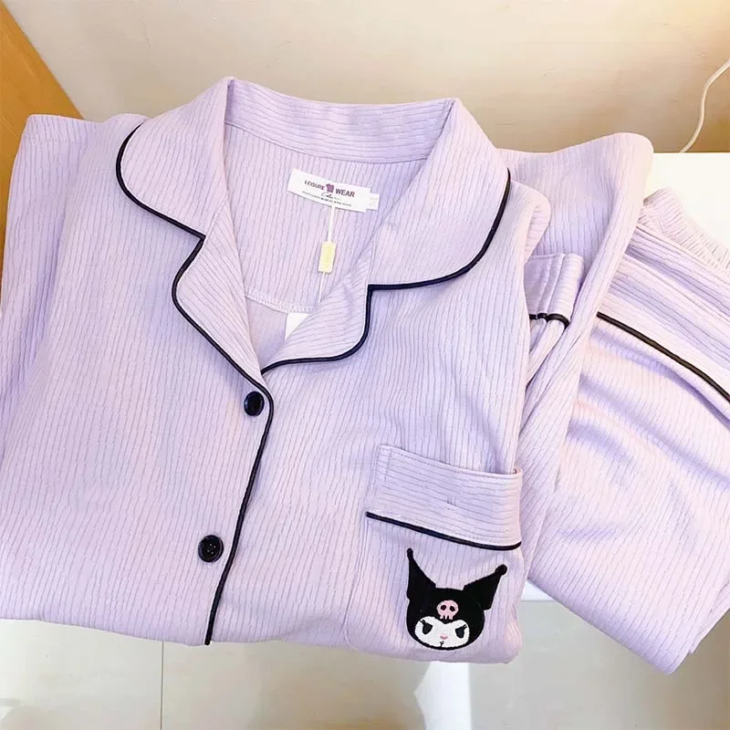 Miniso New Sleepwear Set Kuromi Pochacco Cute Pattern Home Clothes Fashion Long Sleeve Tops Pants Two-Piece Set Woman Pajama