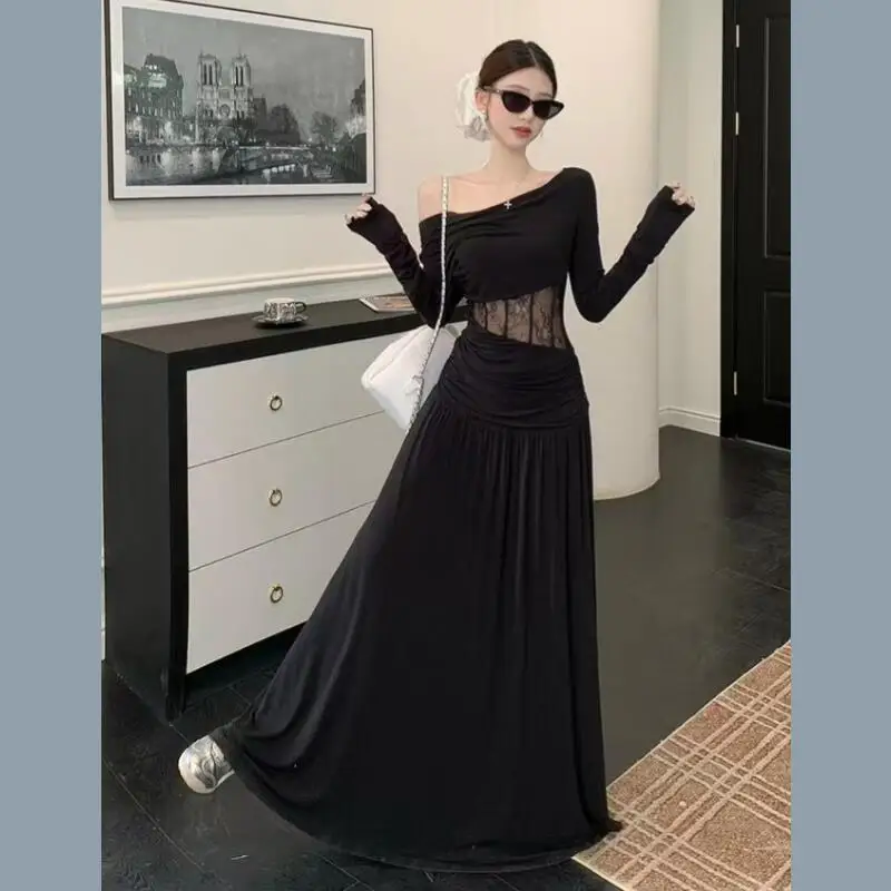 

Весенне-осенняя новая модная женская одежда: комплект из футболки с асимметричным вырезом и длинной юбки в стиле французской элегантности Pure Desire