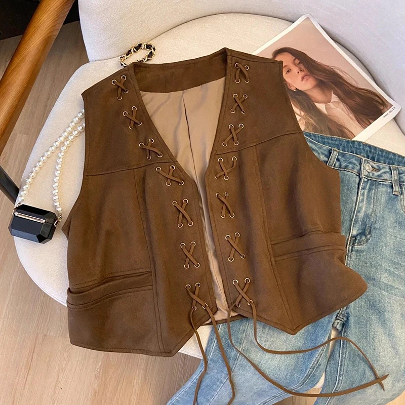 Y2K Vintage Crop Vest Women Autumn Sleeveless Lace Up Patchwork Streetwear Cardigan Female Harajuku Ethnic Style Short Tank New