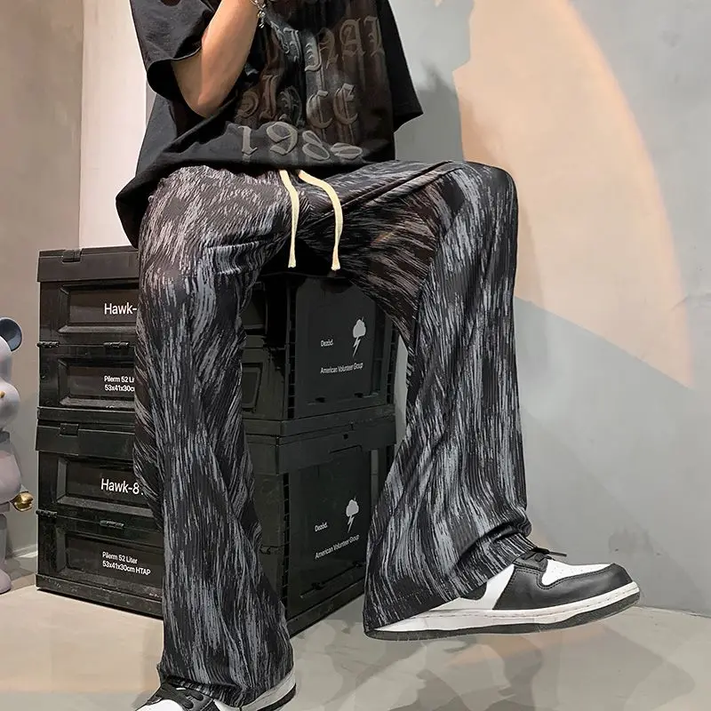 Men's Ice Silk Pants Summer Thin Loose Straight Wide Leg Trousers UV Protection Anti Mosquito Tie Dye Casual Beach Pants