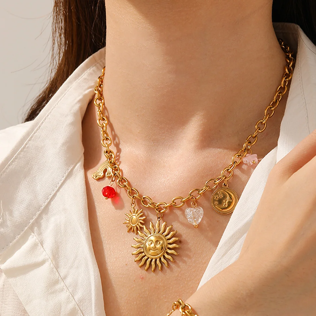 

DIEYURO 316L Stainless Steel Golden Sun Star Moon Rainbow Rhinestone Pendant Necklace Lady New Waterproof Neck Chain Jewelry