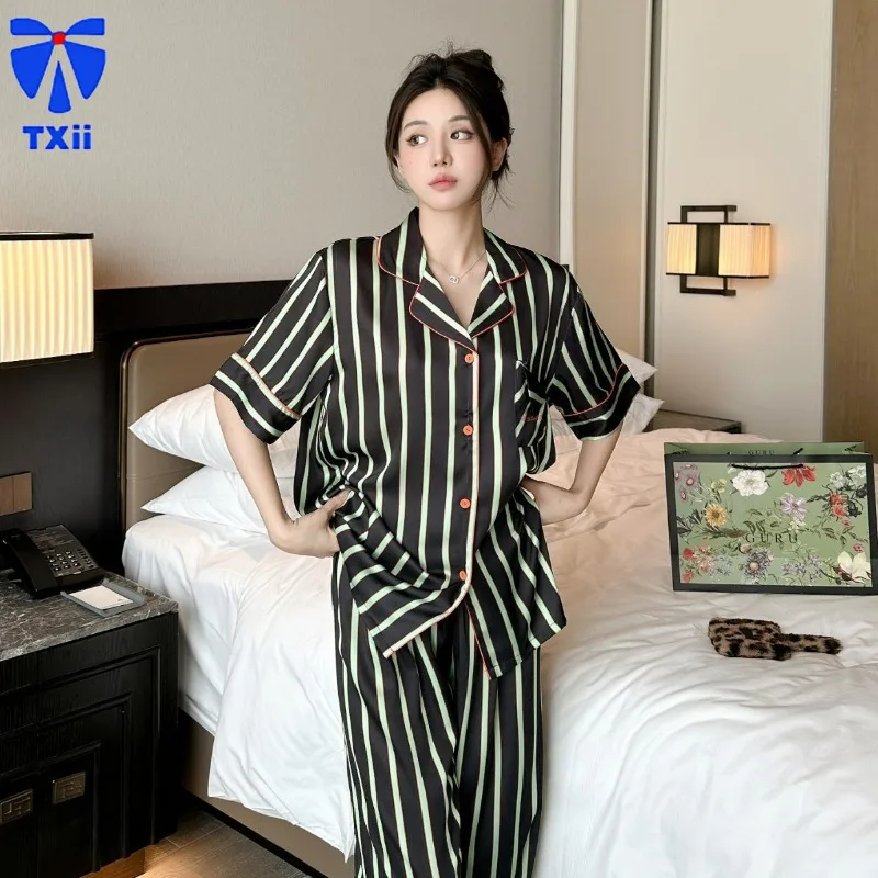 

2024 Summer New Ice Silk Printed Pajamas Women's Short-sleeved Trousers Fashion Fresh and High-end Sense Home Clothes