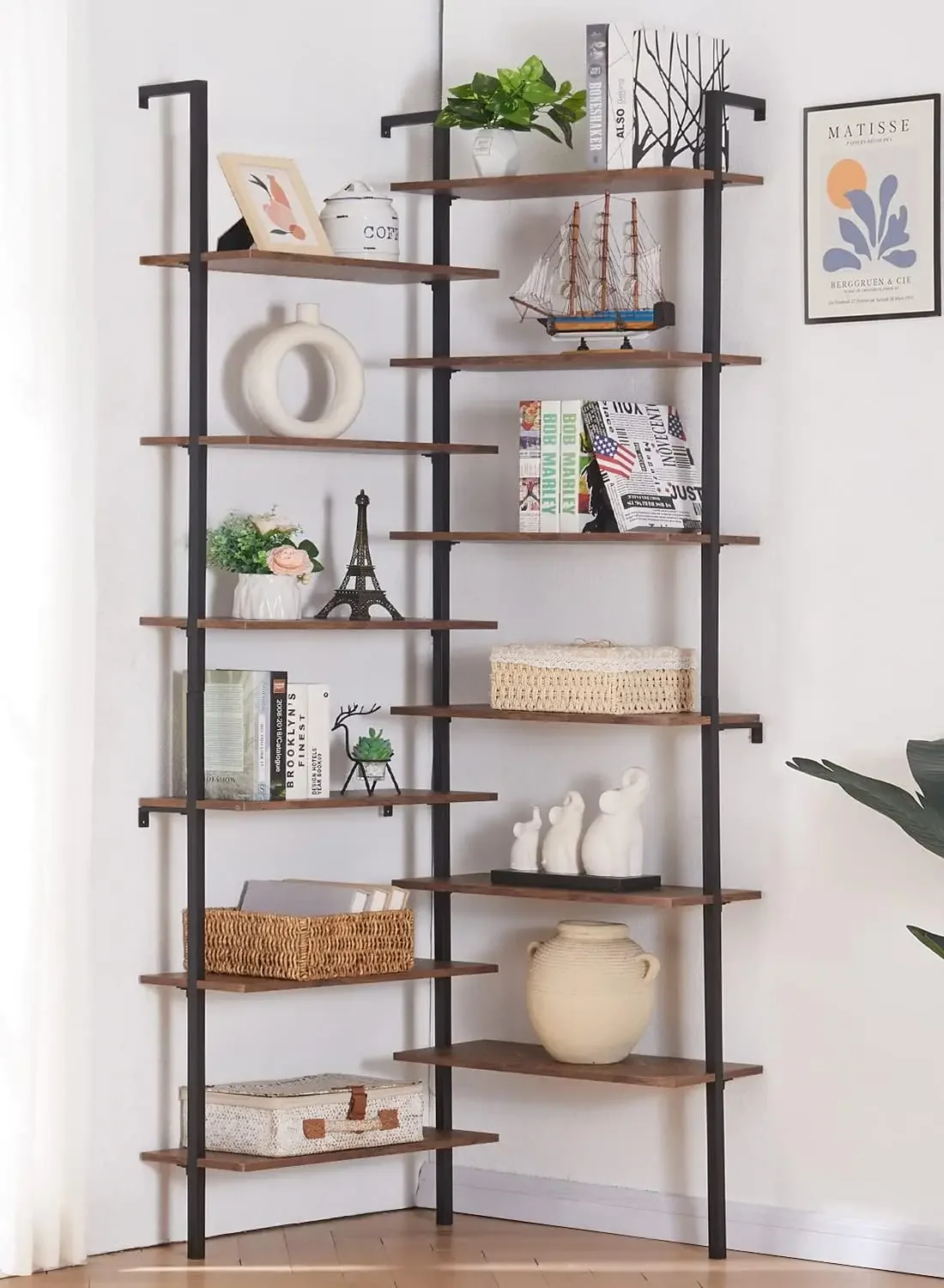 Corner Bookshelf,12-Tier L Shaped Bookshelf, Double Wide Corner Wall Mount Bookcase with Metal Frame and Wood, Modern I