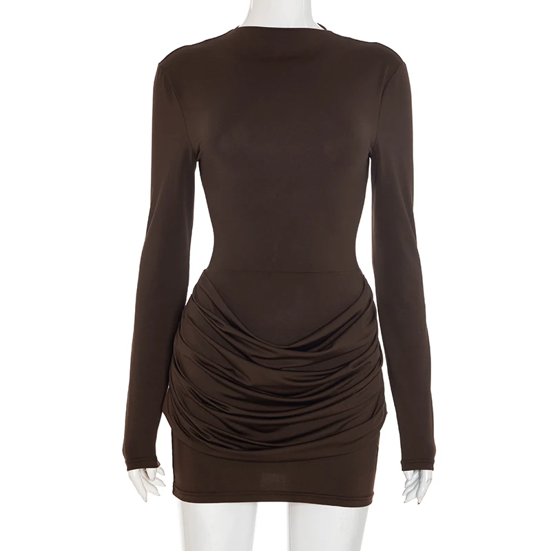 CUTENOVA Women'S Fall New Arrival Elegant Solid-Color Crew Neck Long-Sleeve Gathered Waist Bodycon Mini Dress Elegant Chic Dress