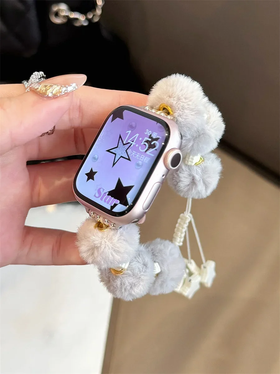 Adjustable Star Fluffy Strap for Apple Watch Band 41/45 42/46mm Winter Bracelet Loop for iWatchS10 49Ultra 9 8 7 6 5 38/42 Women