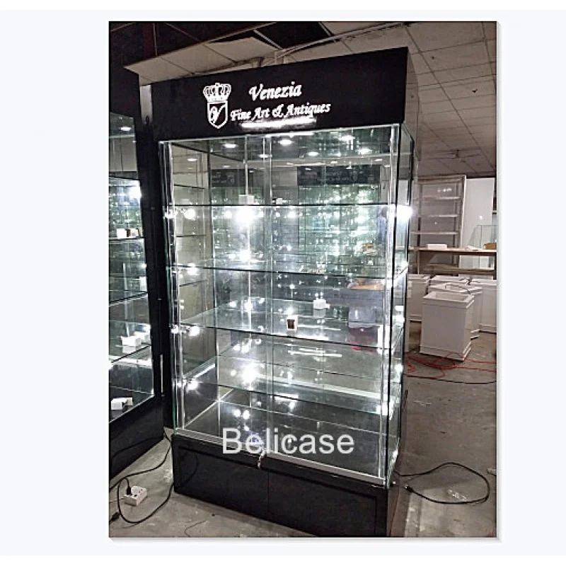 armario de joias boutique de madeira personalizado vitrine de loja exibicao de vidro de fumaca led brilhante 01